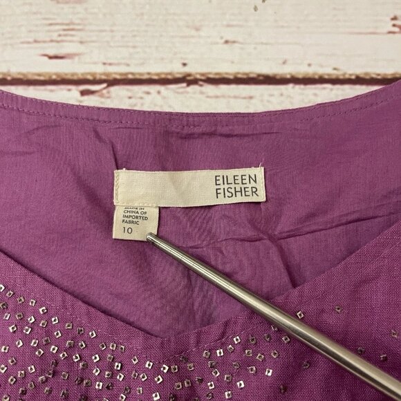 Eileen Fisher Tank Dress Womens 10 Sequins 100% Irish Linen Purple Scoop Neck - Picture 10 of 11